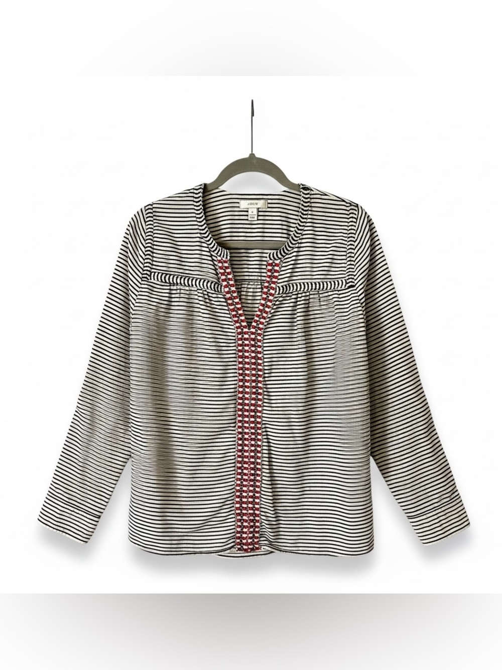 J. Crew Black & White Striped Tunic with Red Embroidered Trim